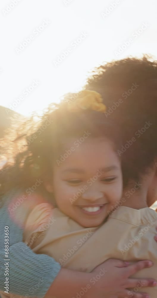 Running, hug and mother and daughter at a beach with love, happy and excited for reunion, freedom or vacation. Family, face and girl kid embrace mama in nature with support, security or bond Running, hug and mother and daughter at a beach with love, happy and excited for reunion, freedom or vacation. Family, face and girl kid embrace mama in nature with support, security or bond