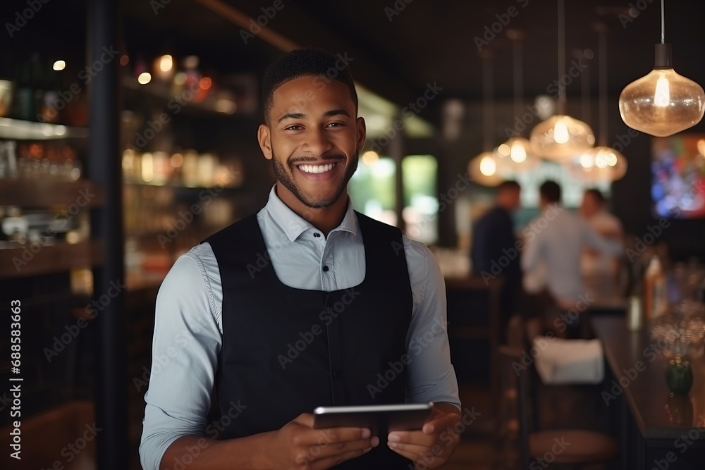A positive receptionist in a restaurant uses a tablet gadget, a uniformed waiter smiles