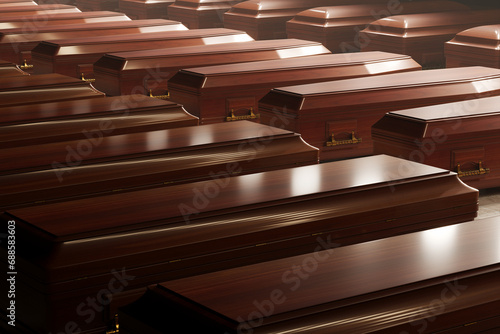 Neat Rows of Polished Wooden Coffins in Somber Warehouse Storage photo