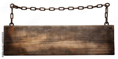 Weathered wooden sign hanging on a chain, cut out photo