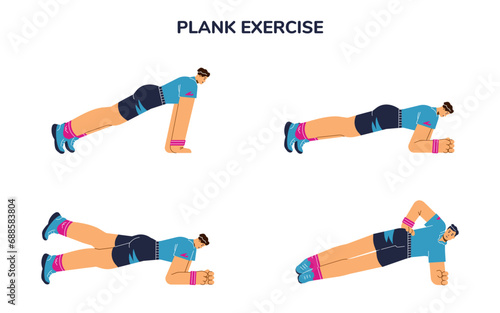 Various plank exercises, flat vector illustration isolated on white background.