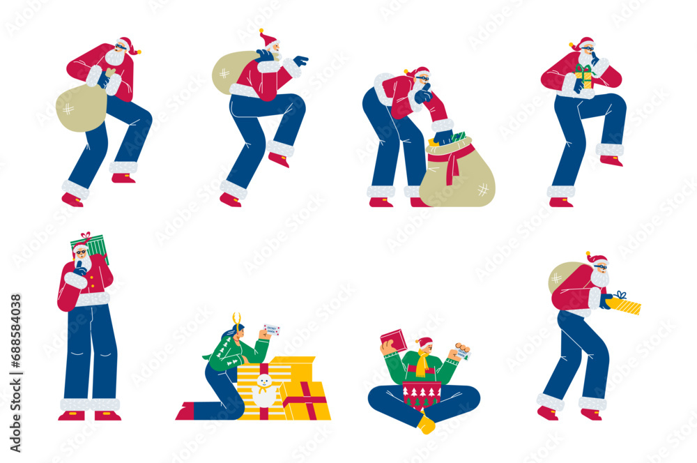 Naklejka premium Secret santa with huge bag sneakily delivering gifts, present from Santa Claus for christmas and new year vector set