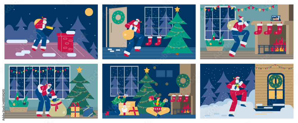 Fototapeta premium Holiday Secret Santa gift exchange banners set, flat vector illustration.