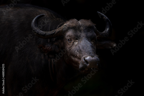 Out of the dark steps a Cape buffalo, Kruger Park.  photo