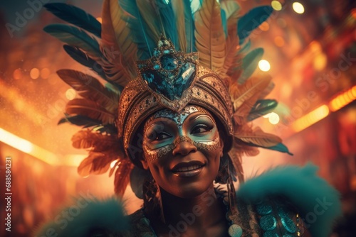 Energetic Brazilian colorful dressed carnival artist. Samba lively dancing festive performance. Generate ai