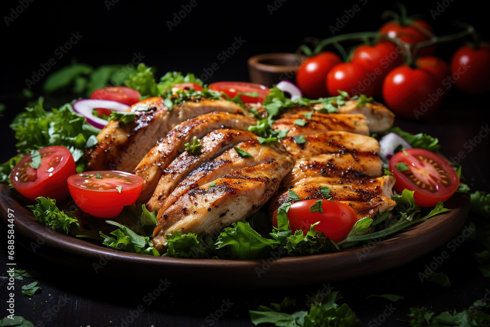 Chicken with tomatoes and fresh salad concept of health. Generative AI Chicken with tomatoes and fresh salad concept of health. Generative AI
