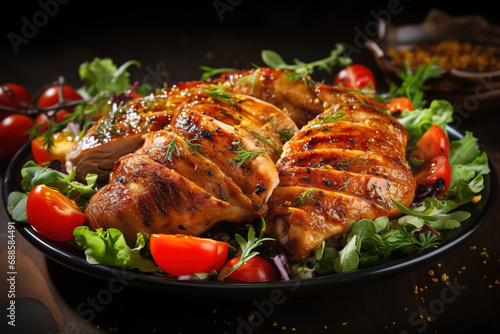 Chicken with tomatoes and fresh salad concept of health. Generative AI