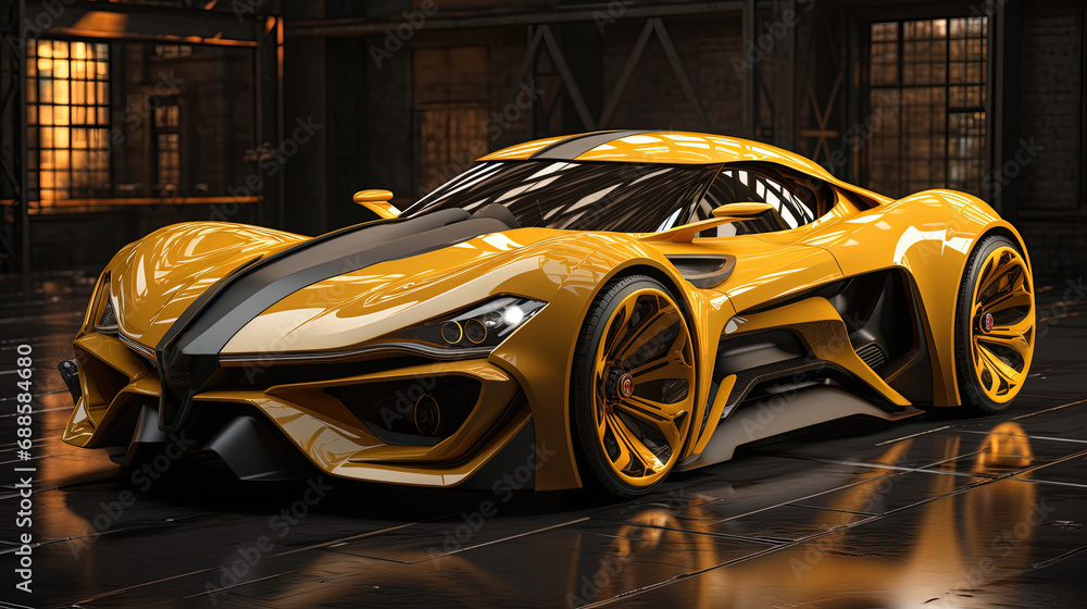 A Futuristic Super Luxury Yellow Car in Modern Workshop on Blurry Background