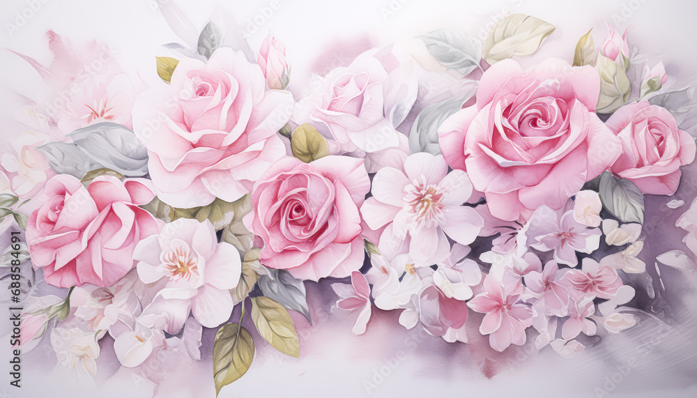 Colorful Bouquet water painting  of Fresh Pink Roses in Bloom