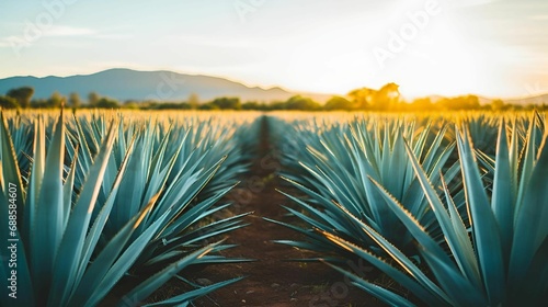 AI generated illustration of a sunset casts a beautiful glow on a field of blue agave plant photo