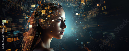 Artificial Intelligence. Woman using technology. Girl enter command prompt for generates dreams, Futuristic concept.