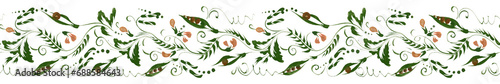 Floral seamless border pattern from hand drawn bird vetch twigs, flowers and pea pods on a white background photo