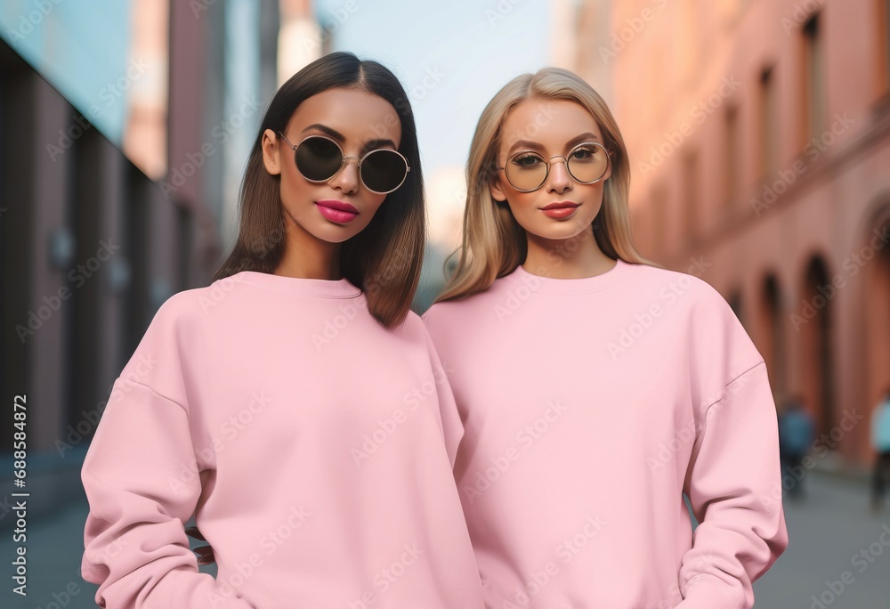 Fashion modern two women in pink pullovers with sunglasses. Fashionable female models in casual pastel clothing. Generate ai