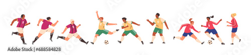 Football soccer players vector set in action, cartoon athlete men and women in various dynamic poses fighting for ball