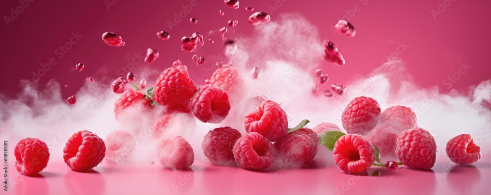Fresh raspberries flying in the air with splashes in red pink color background. Raspberry concept. Fresh raspberries flying in the air with splashes in red pink color background. Raspberry concept.