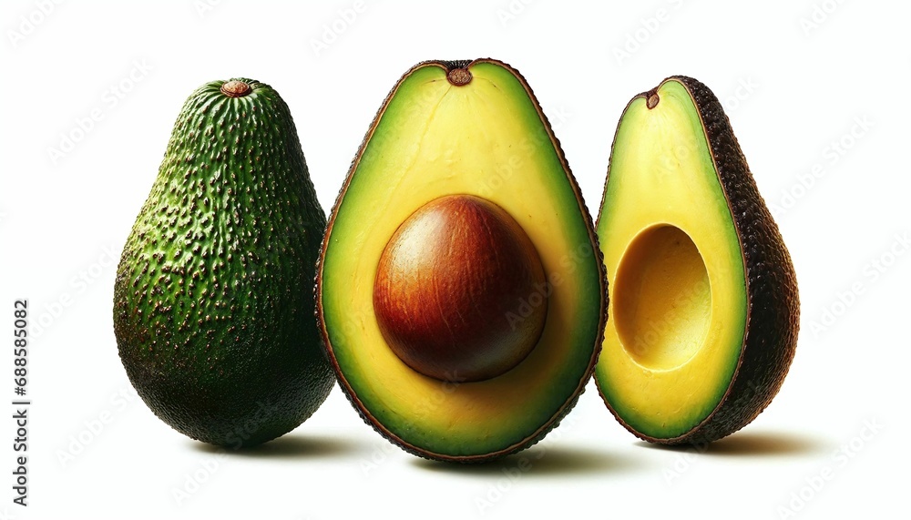 AI-generated illustration of an open avocado cut in half, showing its creamy green flesh