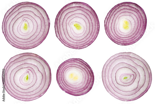 Set red onion slices isolated on a transparent background. A slice of the rings, top view.
