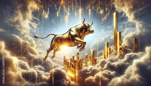 AI-generated illustration of a shimmering gold bull soaring above the clouds, financial bull market photo