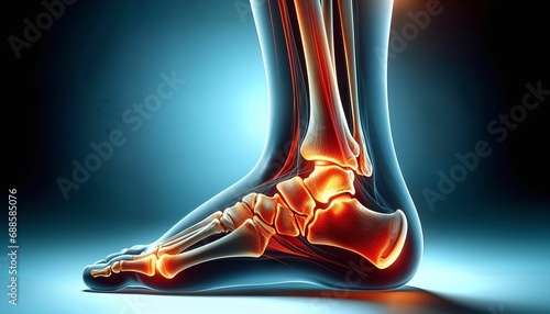 AI-generated illustration of a human foot's skeletal structure highlighting the bones photo