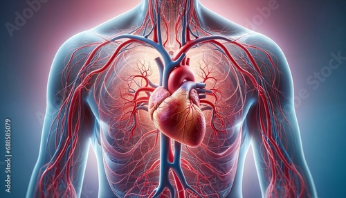 AI-generated illustration of the human cardiovascular system, showing the heart with arteries photo