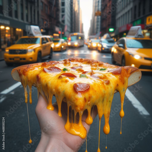 Melting Pizza slice on hand on the street photo