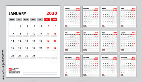 Calendar 2030 week start monday, wall calendar 2030 year, desk calendar 2030 design vector set 12 months, Poster, planner, advertisement, printing media, corporate design template vector.