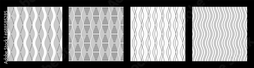 Set of four abstract striped seamless patterns with vertical wavy lines. Curved lines art. Black vertical curved lines, isolated on white background. Vector background.