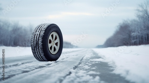 Winter tires, road safety. Car wheel covered with snow on the road in winter. Winter background. Generative AI. © Aga Bak