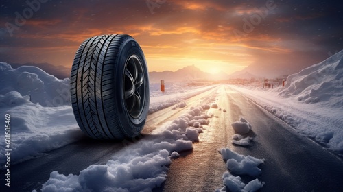 Winter tires, road safety. Car wheel covered with snow on the road in winter. Winter background. Generative AI.
