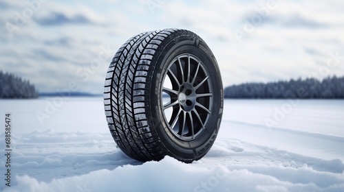 Winter tires, road safety. Car wheel covered with snow on the road in winter. Winter background. Generative AI. © Aga Bak