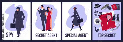 Secret agent and spy posters set, flat vector illustration. photo