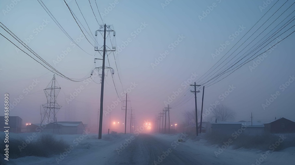 AI illustration of a snow covered road and a backdrop of power lines on the horizon.