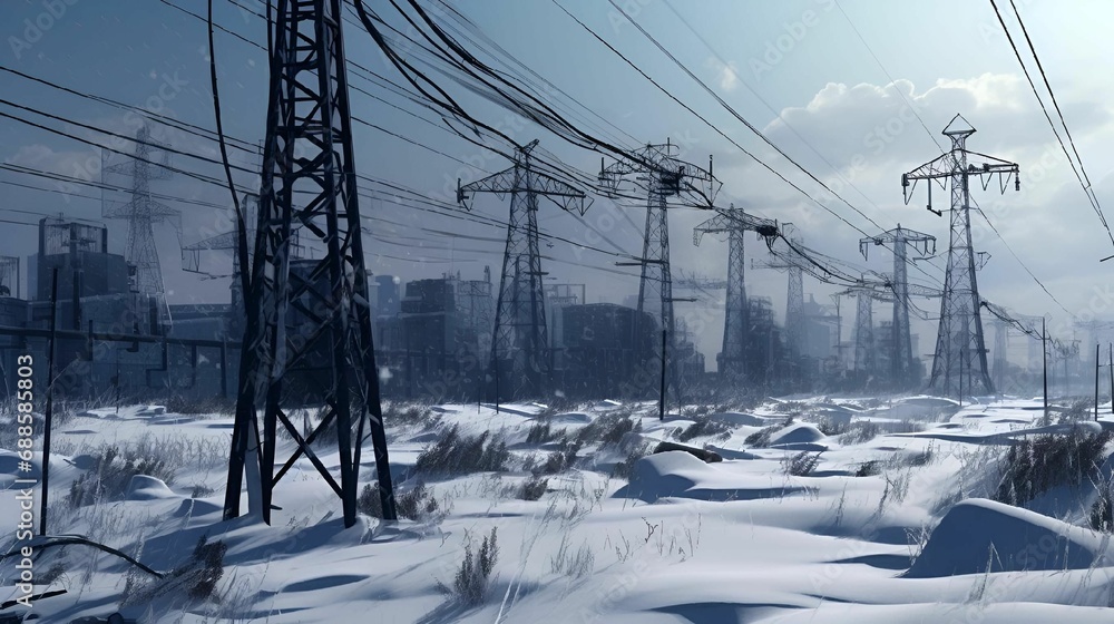 AI illustration of a scenic winter landscape with power lines and electrical lines. AI illustration of a scenic winter landscape with power lines and electrical lines.