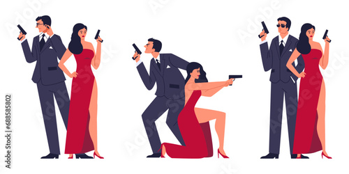 Vector set of poses special secret agents couple armed with pistol, man in dark formal suit, woman in red sexy dress