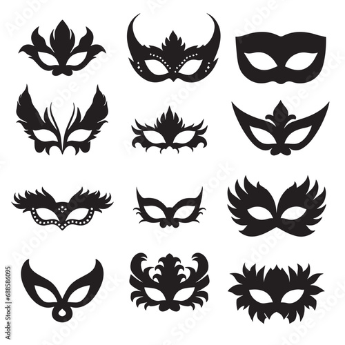 Set of carnival masks silhouettes. Simple black icons of masquerade masks, for party and carnival. Carnival mask silhouettes