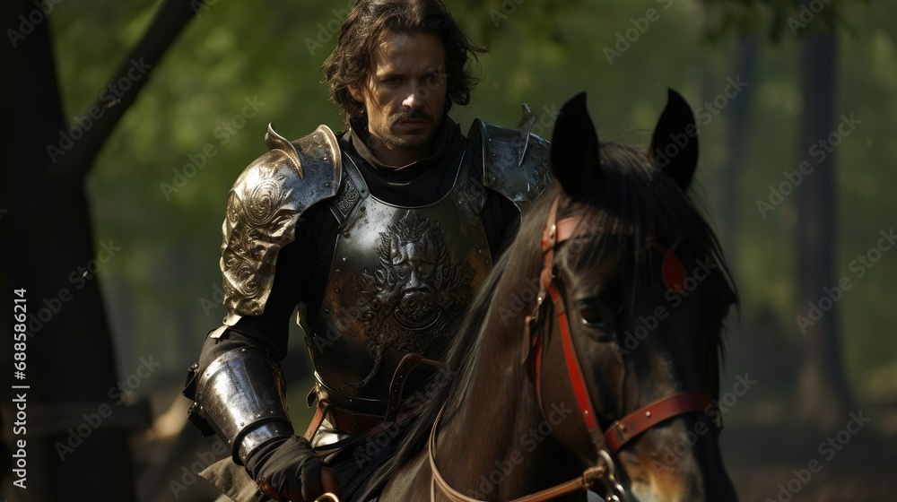 Man in knight armor riding a horse - obrazy, fototapety, plakaty 