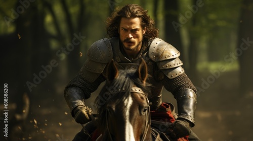 Man in knight armor riding a horse