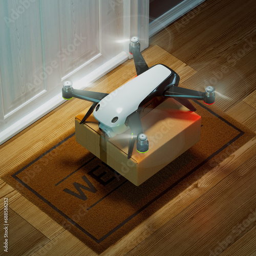 Obraz na płótnie Autonomous Drone Delivery: Front Door Package Drop-off in Suburban Area w salonie