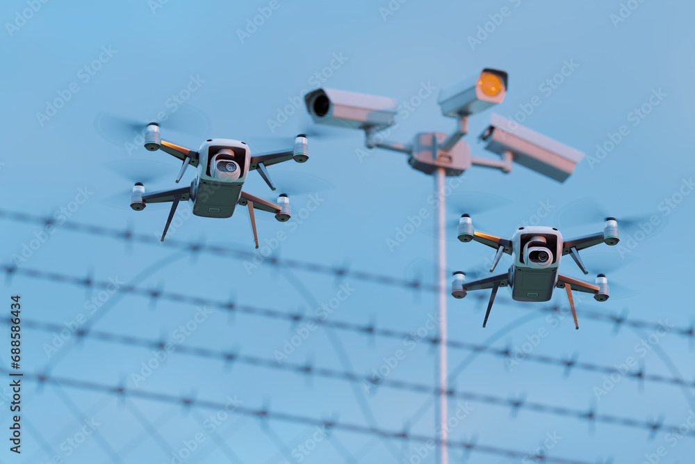 Elevated Surveillance Drones Monitoring Over Security Barbed Wire Fences