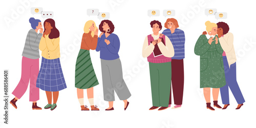 Groups of people gossip and whisper rumors, flat vector illustration isolated.