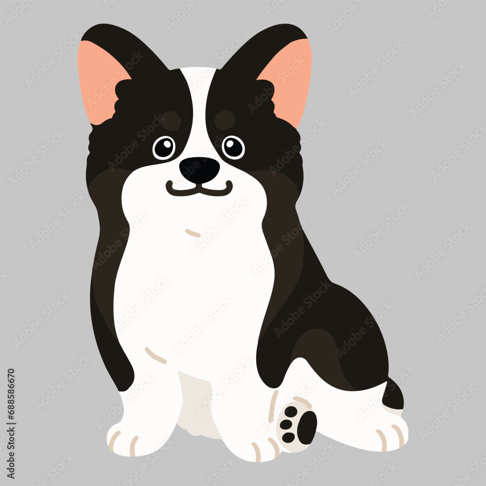 Flat colored cute black colored Corgi sitting in front view