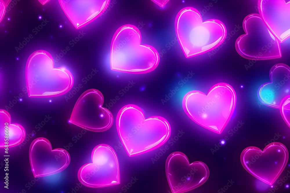Hearts in Neon Elegance. Purple neon love hearts bliss. Valentine's day glowing banner with shiny hearts as a template for greeting card, invitation, ads. Love day festive background Hearts in Neon Elegance. Purple neon love hearts bliss. Valentine's day glowing banner with shiny hearts as a template for greeting card, invitation, ads. Love day festive background