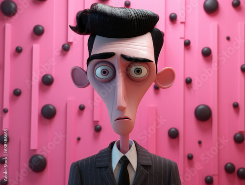 A model of a man with a pompadour hairstyle and a puzzled look against a pink backdrop with black spheres. photo