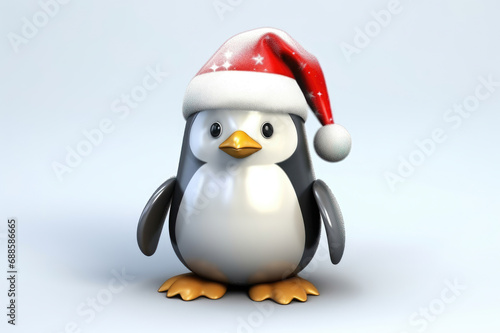 A charming penguin donning a festive Santa hat stands against a neutral background, evoking holiday cheer. © Sascha