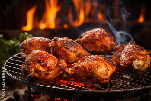 Seasoned juicy chicken drumsticks grilled on barbecue. Generative AI