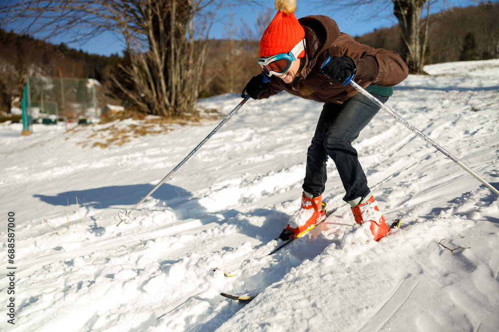 Adult Mature Woman First time Skiing and Having a lot of Fun on Snow Winter Vacations Adult Mature Woman First time Skiing and Having a lot of Fun on Snow Winter Vacations