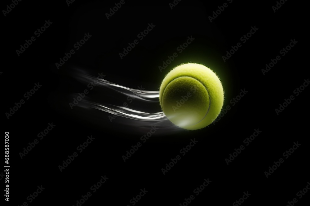 Flying tennis ball on black background. Rapid fluorescent yellow green competition ball. Generate ai Flying tennis ball on black background. Rapid fluorescent yellow green competition ball. Generate ai