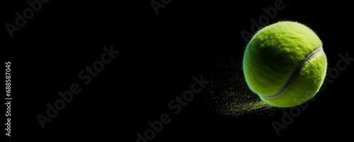 Flying tennis ball on back background banner. Rapid flight of fluorescent yellow green serve ball. Generate ai © nsit0108