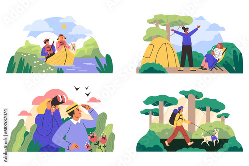 Ecotourism banners or screen designs set, flat vector illustration isolated.