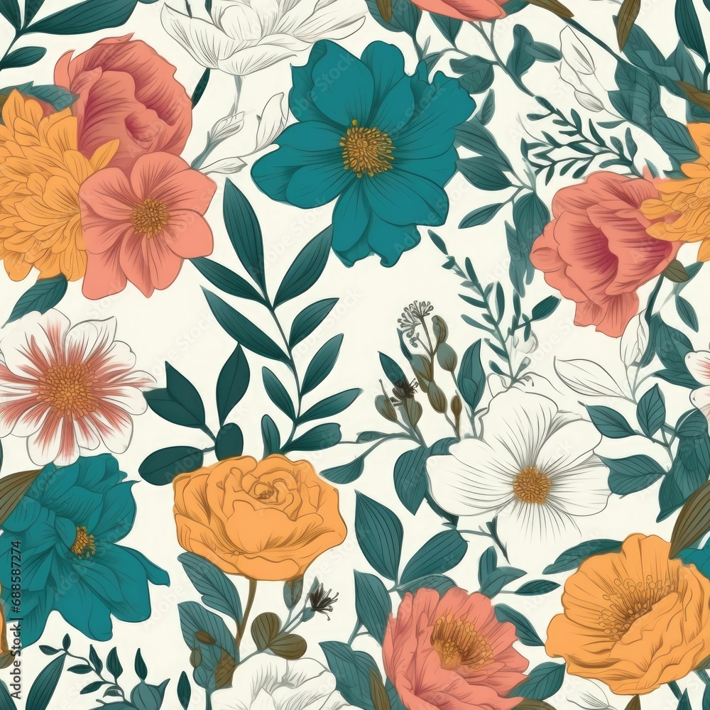 AI generated illustration of a seamless background featuring flowers and green foliage AI generated illustration of a seamless background featuring flowers and green foliage